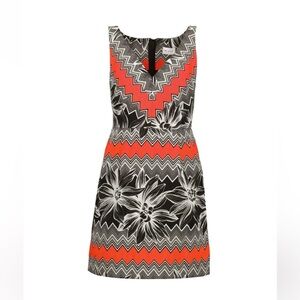 Milly Mitered Tangerine Orange Black Abstract Chevron Floral Detail Vneck NWT 10